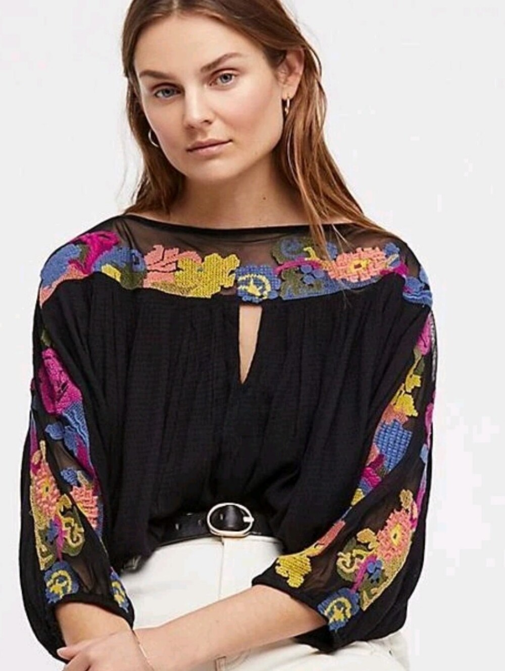 FREE PEOPLE | Embroidered Black Sheer Yoke Peasant Top, Size XS